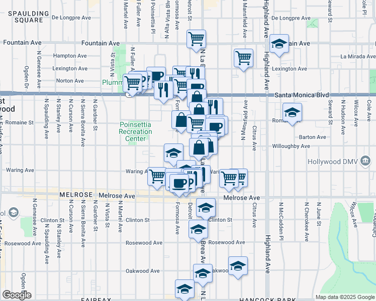 map of restaurants, bars, coffee shops, grocery stores, and more near 2 North Detroit Street in Los Angeles