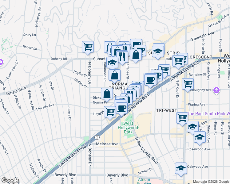 map of restaurants, bars, coffee shops, grocery stores, and more near 880 Hilldale Avenue in West Hollywood