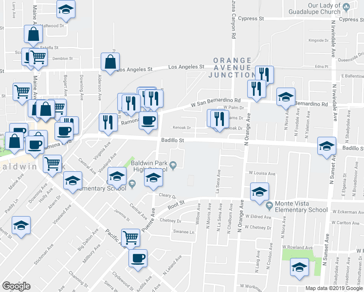 map of restaurants, bars, coffee shops, grocery stores, and more near 4050 Badillo Circle in Baldwin Park