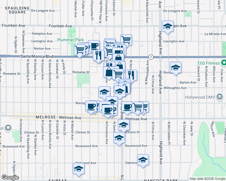 map of restaurants, bars, coffee shops, grocery stores, and more near 853 North Detroit Street in Los Angeles