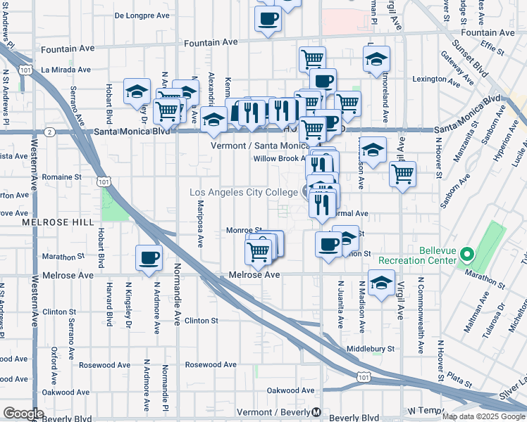 map of restaurants, bars, coffee shops, grocery stores, and more near 859 North Heliotrope Drive in Los Angeles