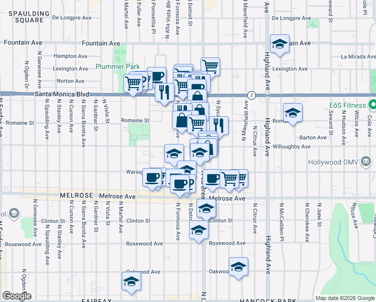 map of restaurants, bars, coffee shops, grocery stores, and more near 853 North Detroit Street in Los Angeles