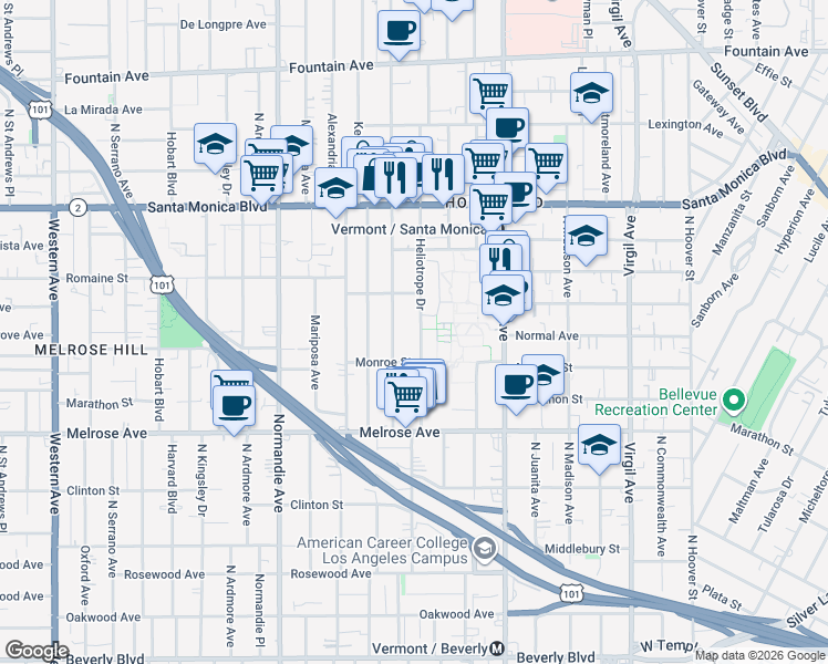 map of restaurants, bars, coffee shops, grocery stores, and more near 831 North Heliotrope Drive in Los Angeles