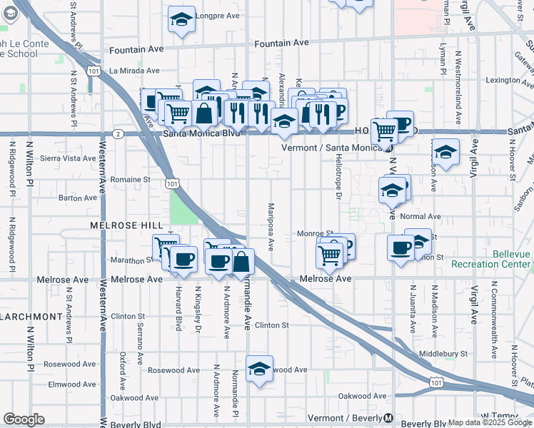map of restaurants, bars, coffee shops, grocery stores, and more near 849 Mariposa Avenue in Los Angeles