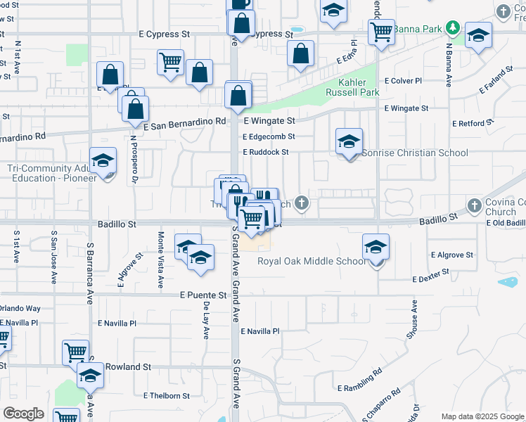 map of restaurants, bars, coffee shops, grocery stores, and more near 960 East Wanamaker Drive in Covina