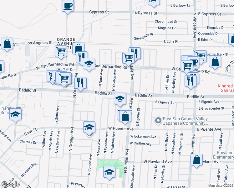 map of restaurants, bars, coffee shops, grocery stores, and more near 1838 East Badillo Street in West Covina