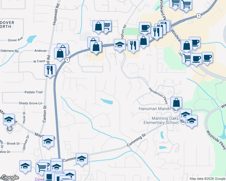 map of restaurants, bars, coffee shops, grocery stores, and more near 141 John Christopher Drive in Alpharetta