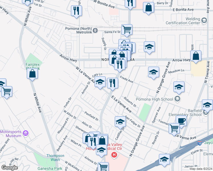 map of restaurants, bars, coffee shops, grocery stores, and more near in Pomona