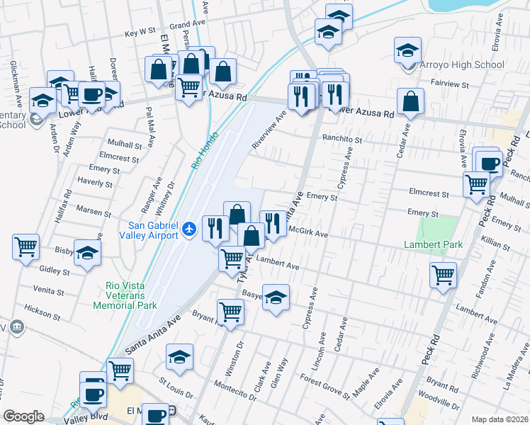 map of restaurants, bars, coffee shops, grocery stores, and more near 4432 Tyler Avenue in El Monte
