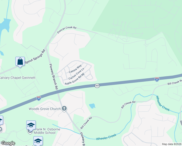 map of restaurants, bars, coffee shops, grocery stores, and more near 5586 Apple Grove Road Northeast in Buford