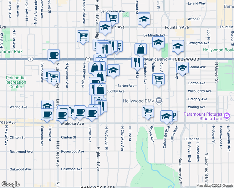 map of restaurants, bars, coffee shops, grocery stores, and more near 852 North Las Palmas Avenue in Los Angeles