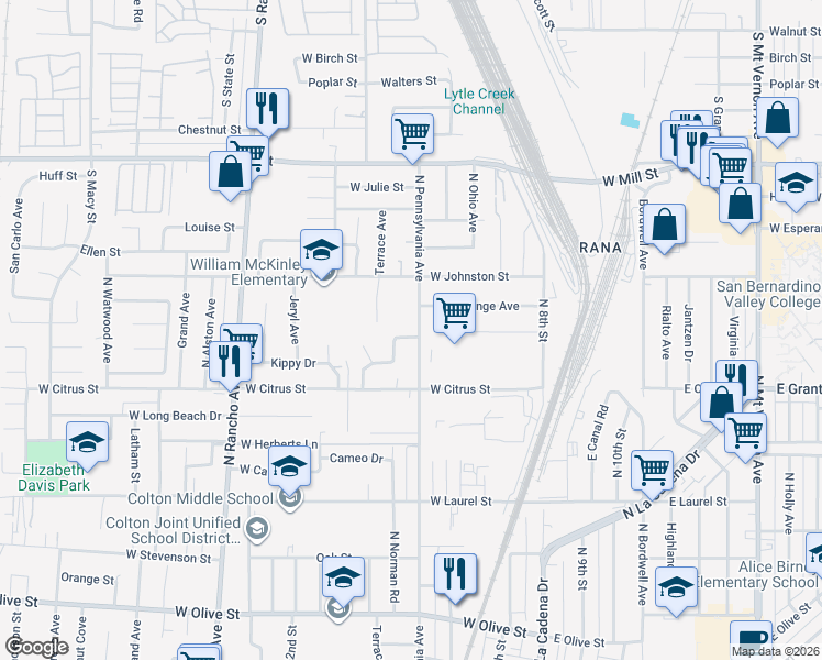 map of restaurants, bars, coffee shops, grocery stores, and more near 1736 North Pennsylvania Avenue in Colton