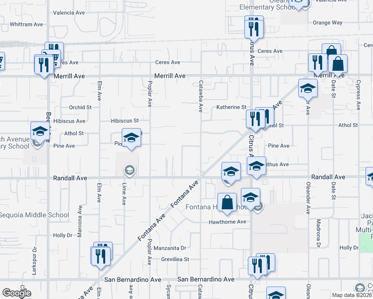 map of restaurants, bars, coffee shops, grocery stores, and more near 15853 Athol Street in Fontana