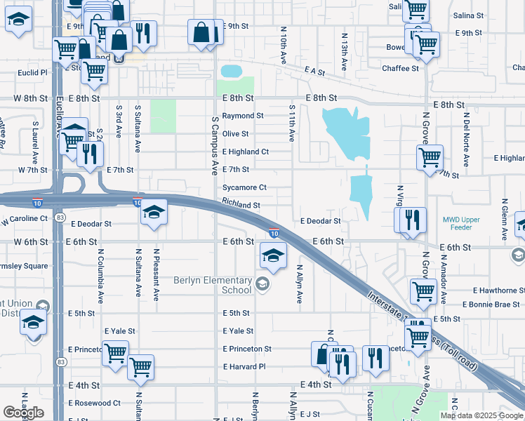 map of restaurants, bars, coffee shops, grocery stores, and more near 906 Sycamore Court in Upland