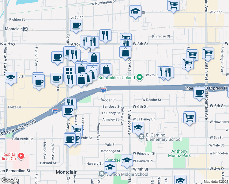 map of restaurants, bars, coffee shops, grocery stores, and more near 5626 Caroline Street in Montclair