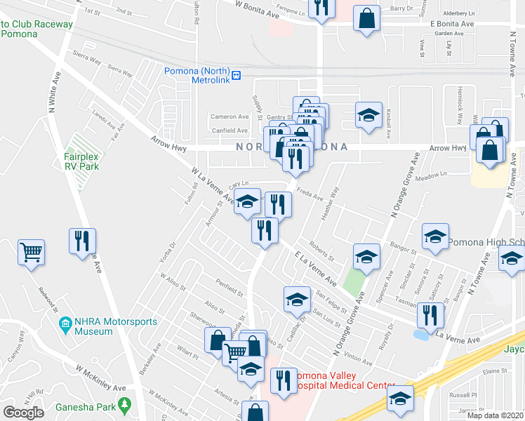 map of restaurants, bars, coffee shops, grocery stores, and more near 127 Sharon Drive in Pomona