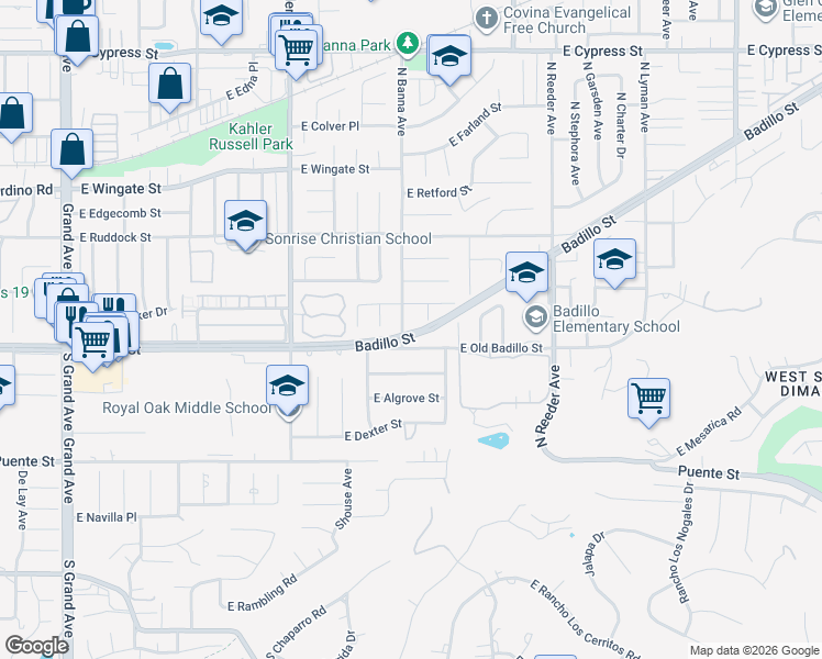 map of restaurants, bars, coffee shops, grocery stores, and more near 214 North Banna Avenue in Covina