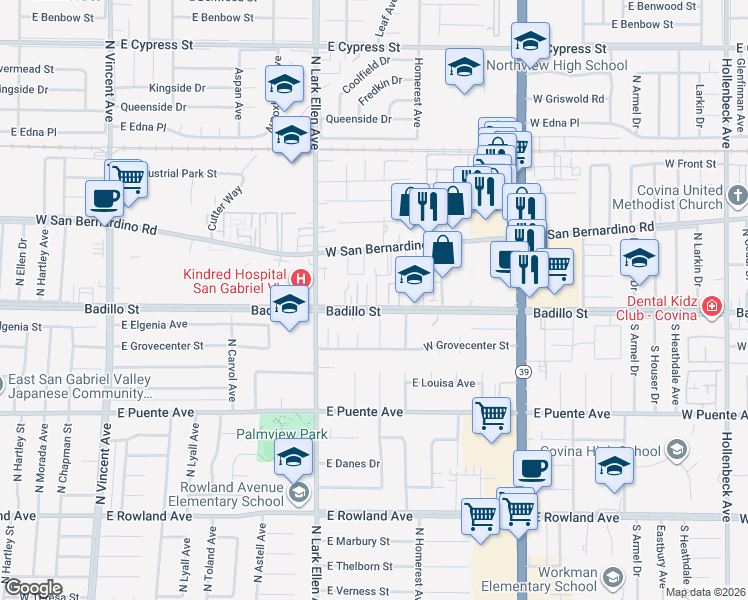 map of restaurants, bars, coffee shops, grocery stores, and more near 1143 West Badillo Street in Covina