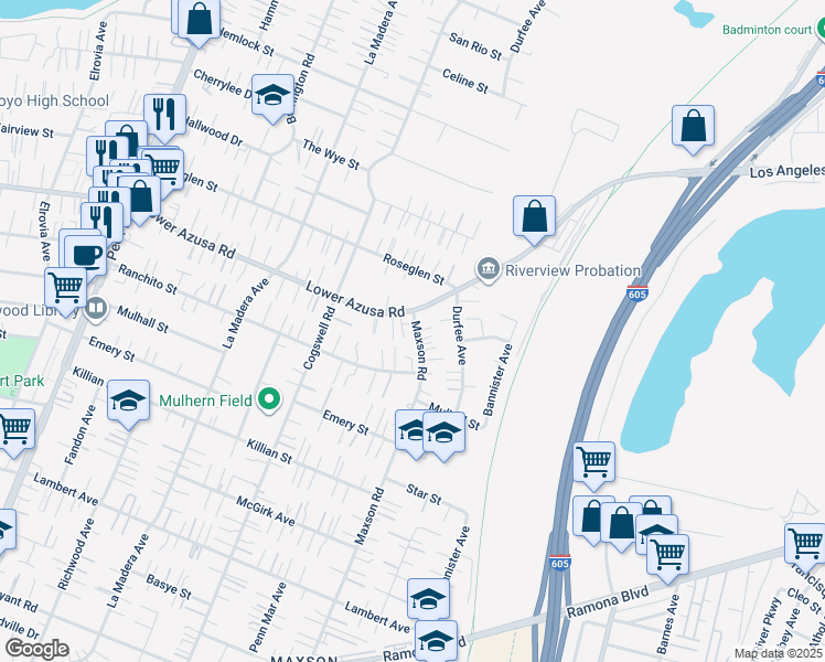 map of restaurants, bars, coffee shops, grocery stores, and more near 12133 Lower Azusa Road in El Monte
