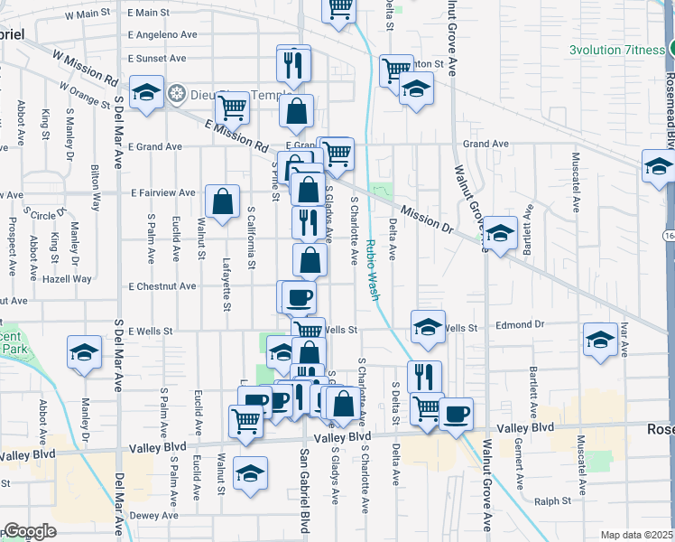 map of restaurants, bars, coffee shops, grocery stores, and more near 1116 South Gladys Avenue in San Gabriel