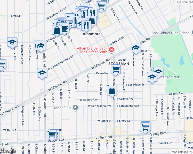 map of restaurants, bars, coffee shops, grocery stores, and more near 225 Palmetto Drive in Alhambra