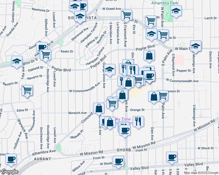 map of restaurants, bars, coffee shops, grocery stores, and more near 600 Orange Grove Avenue in Alhambra