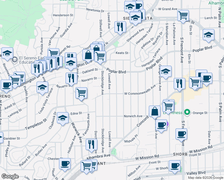 map of restaurants, bars, coffee shops, grocery stores, and more near 3539 Lowell Avenue in Los Angeles