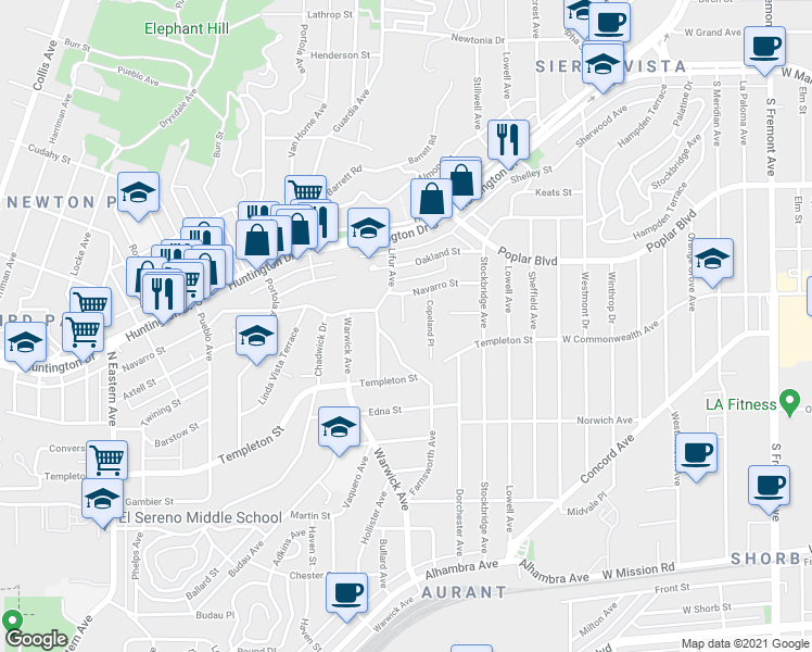 map of restaurants, bars, coffee shops, grocery stores, and more near 5302 Navarro Street in Los Angeles