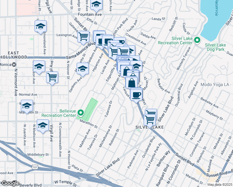 map of restaurants, bars, coffee shops, grocery stores, and more near 3459 Winslow Drive in Los Angeles