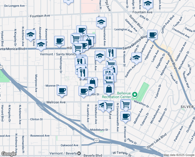 map of restaurants, bars, coffee shops, grocery stores, and more near 4346 Burns Avenue in Los Angeles