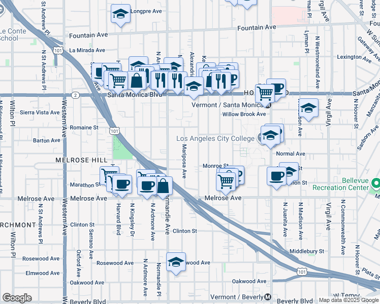 map of restaurants, bars, coffee shops, grocery stores, and more near 936 North Mariposa Avenue in Los Angeles