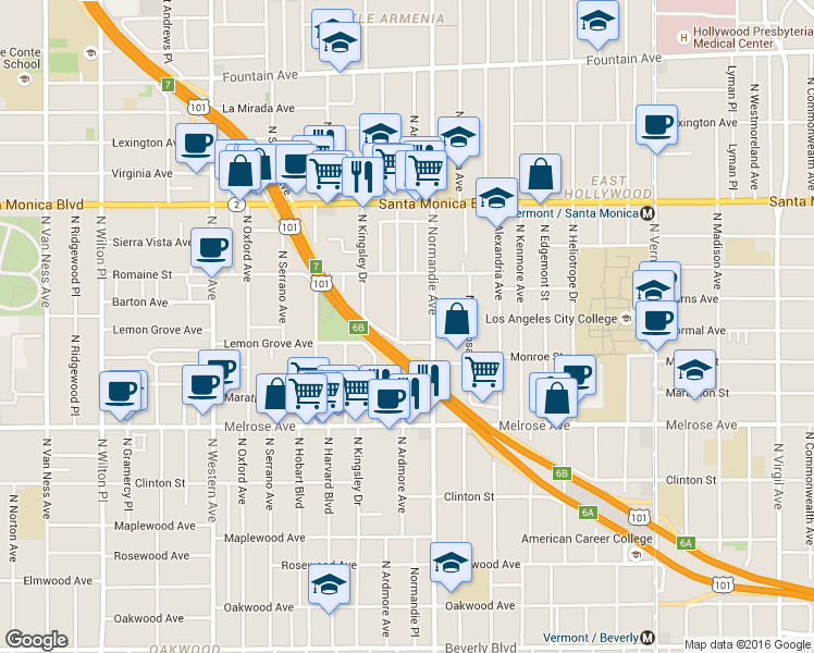 map of restaurants, bars, coffee shops, grocery stores, and more near 947 1/2 North Ardmore Avenue in Los Angeles