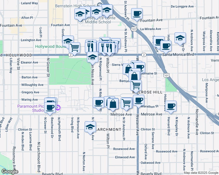 map of restaurants, bars, coffee shops, grocery stores, and more near in Los Angeles