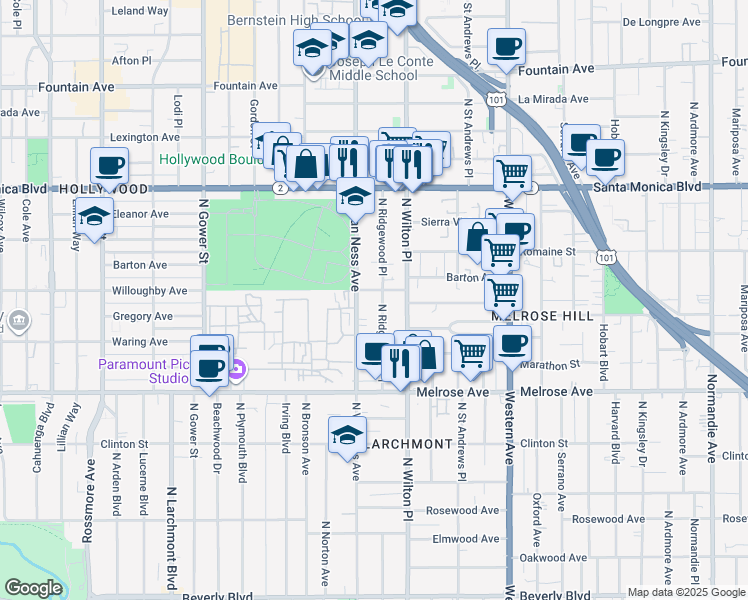map of restaurants, bars, coffee shops, grocery stores, and more near 900 North Van Ness Avenue in Los Angeles