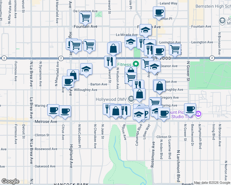 map of restaurants, bars, coffee shops, grocery stores, and more near 853 North Hudson Avenue in Los Angeles