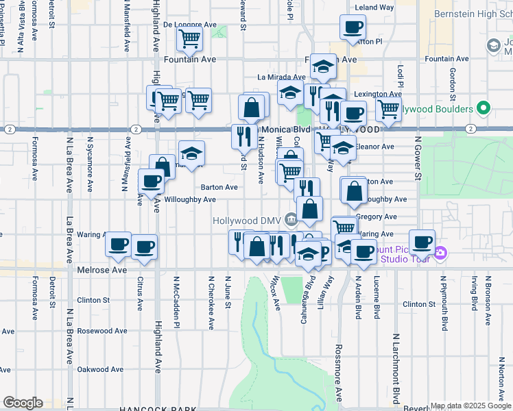 map of restaurants, bars, coffee shops, grocery stores, and more near 912 North Hudson Avenue in Los Angeles