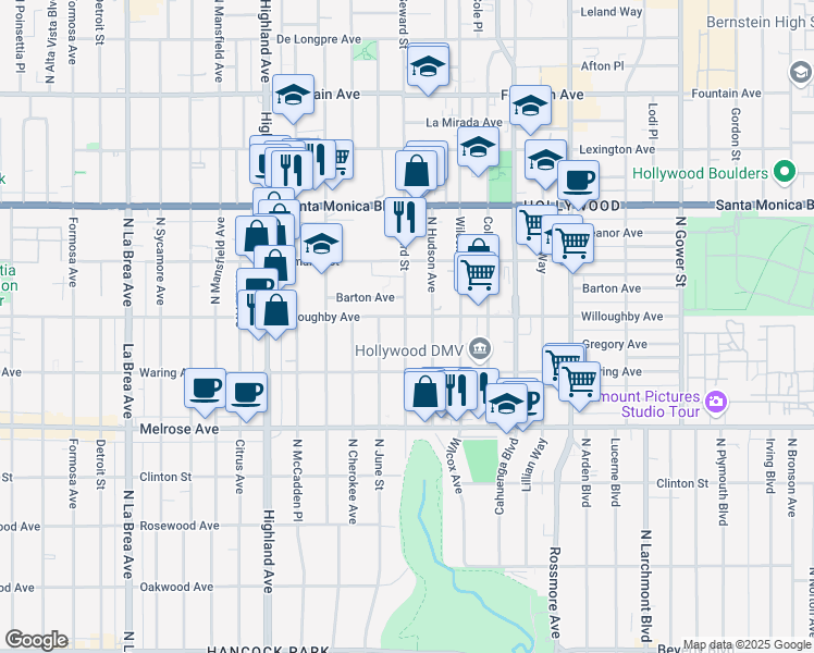 map of restaurants, bars, coffee shops, grocery stores, and more near 913 Seward Street in Los Angeles