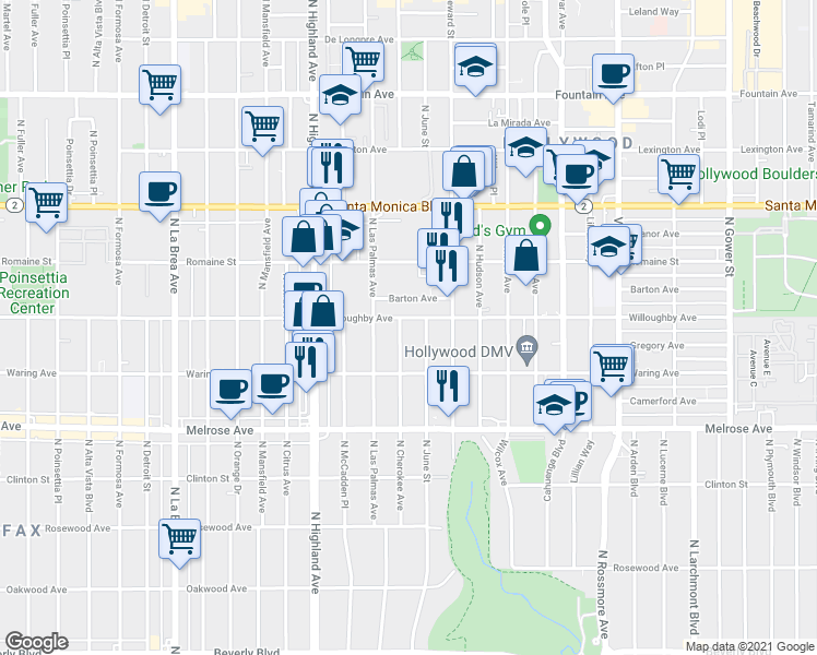 map of restaurants, bars, coffee shops, grocery stores, and more near 6552 Barton Avenue in Los Angeles