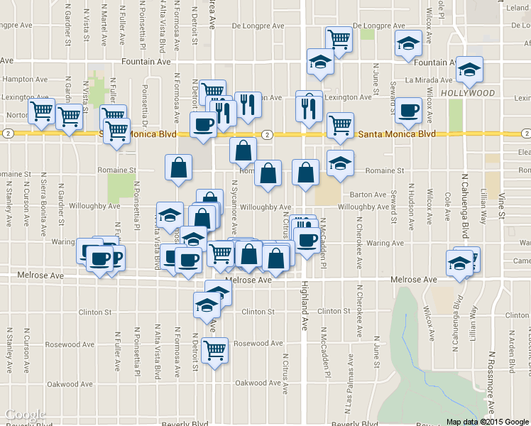 map of restaurants, bars, coffee shops, grocery stores, and more near 915 North Orange Drive in Los Angeles