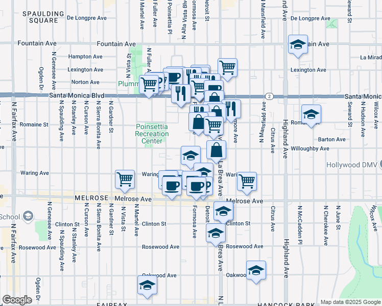 map of restaurants, bars, coffee shops, grocery stores, and more near 7215 Willoughby Avenue in Los Angeles