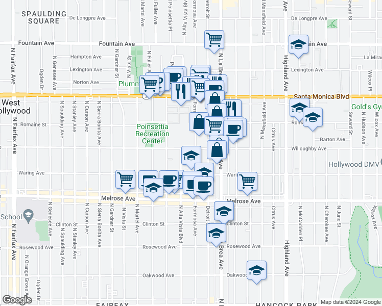 map of restaurants, bars, coffee shops, grocery stores, and more near 7215 Willoughby Avenue in Los Angeles