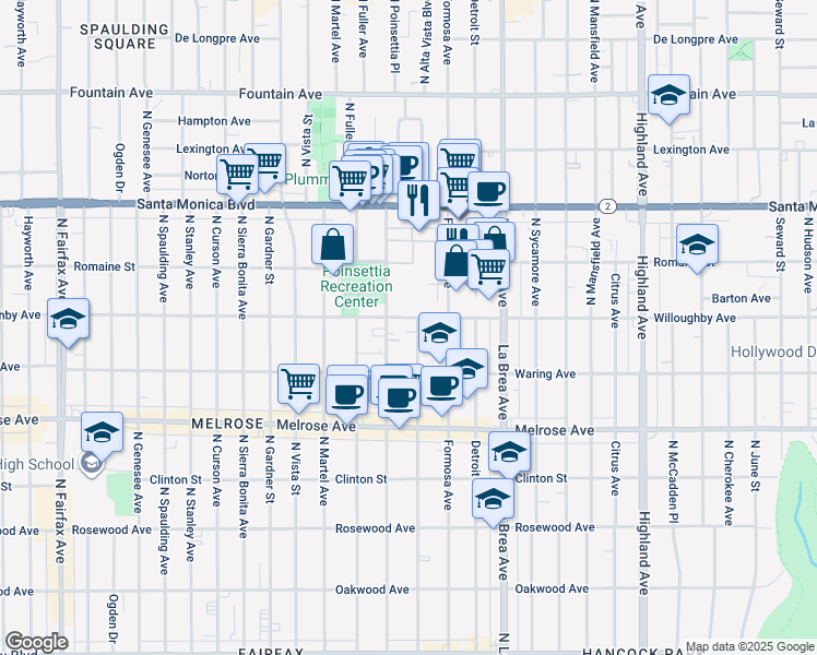 map of restaurants, bars, coffee shops, grocery stores, and more near 908 North Poinsettia Place in Los Angeles