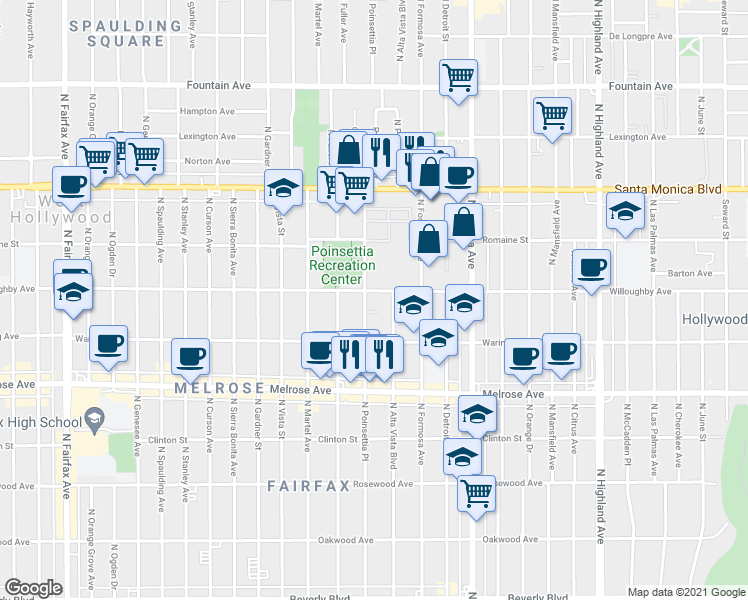 map of restaurants, bars, coffee shops, grocery stores, and more near 908 North Poinsettia Place in Los Angeles