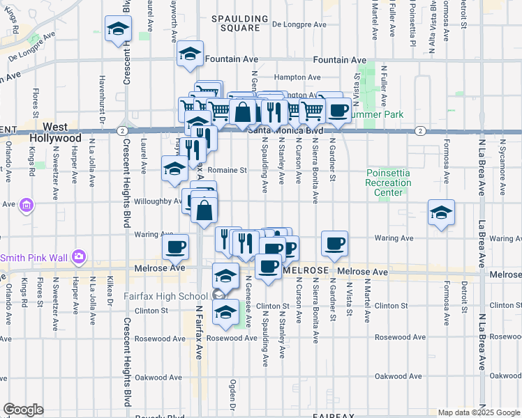 map of restaurants, bars, coffee shops, grocery stores, and more near 907 North Spaulding Avenue in West Hollywood