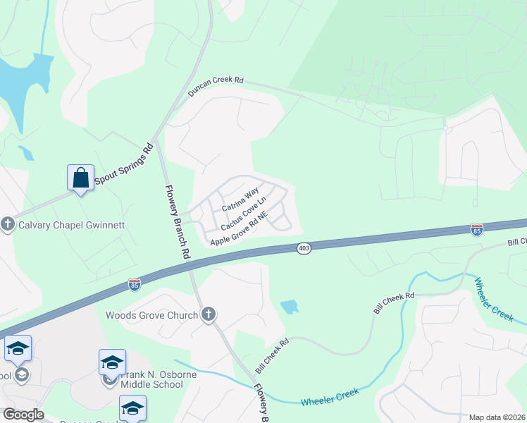 map of restaurants, bars, coffee shops, grocery stores, and more near 5318 Cactus Cove Lane in Buford