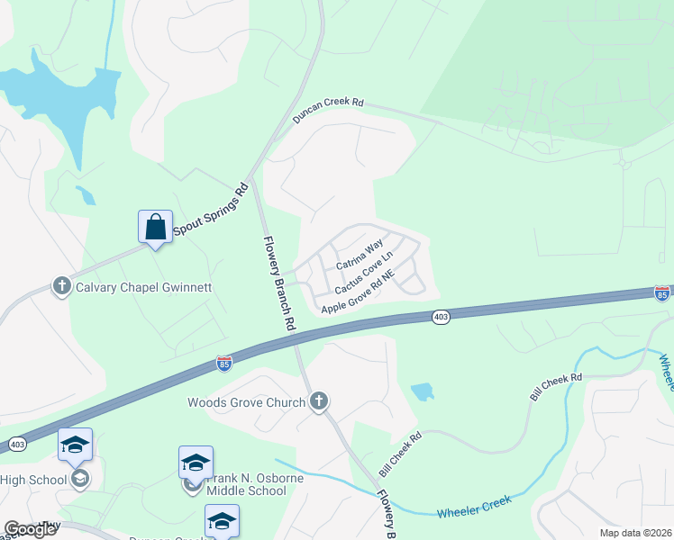 map of restaurants, bars, coffee shops, grocery stores, and more near 5131 Apple Grove Road Northeast in Buford