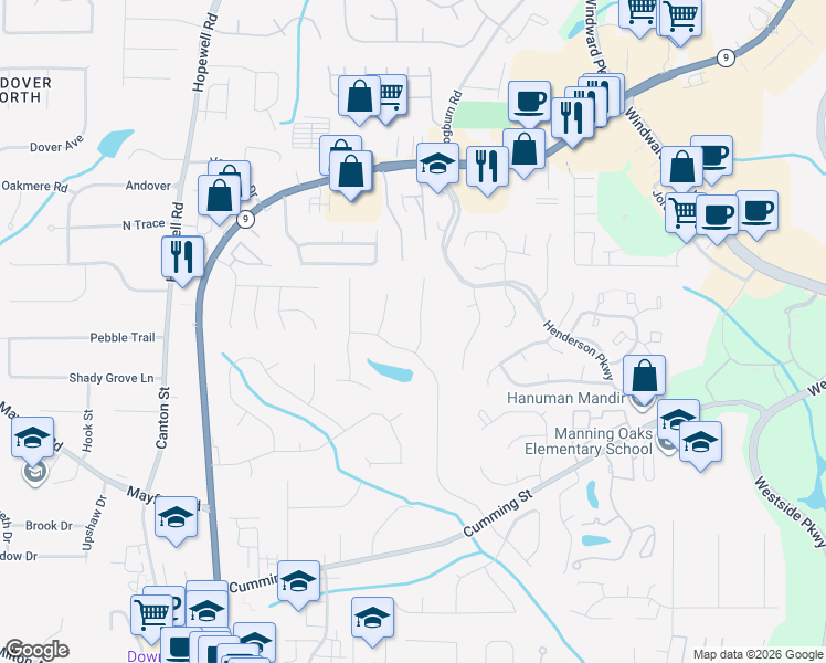 map of restaurants, bars, coffee shops, grocery stores, and more near 141 John Christopher Drive in Alpharetta