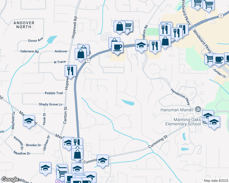 map of restaurants, bars, coffee shops, grocery stores, and more near 141 Denna Drive in Alpharetta