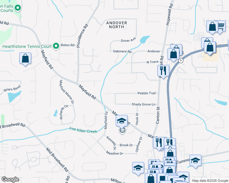 map of restaurants, bars, coffee shops, grocery stores, and more near 285 Pebble Trail in Alpharetta