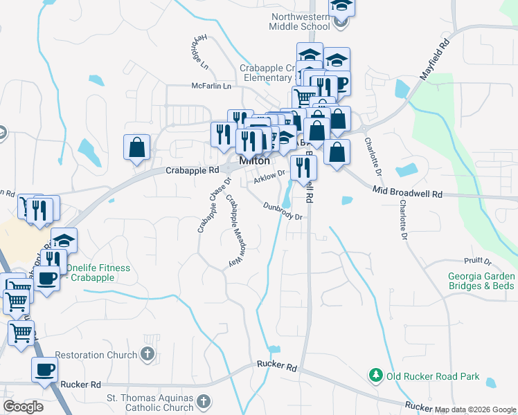 map of restaurants, bars, coffee shops, grocery stores, and more near 681 Dunbrody Drive in Milton